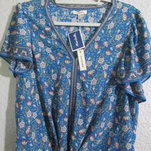Max Studio Size XL Blue Floral Tie-Front Top NWT